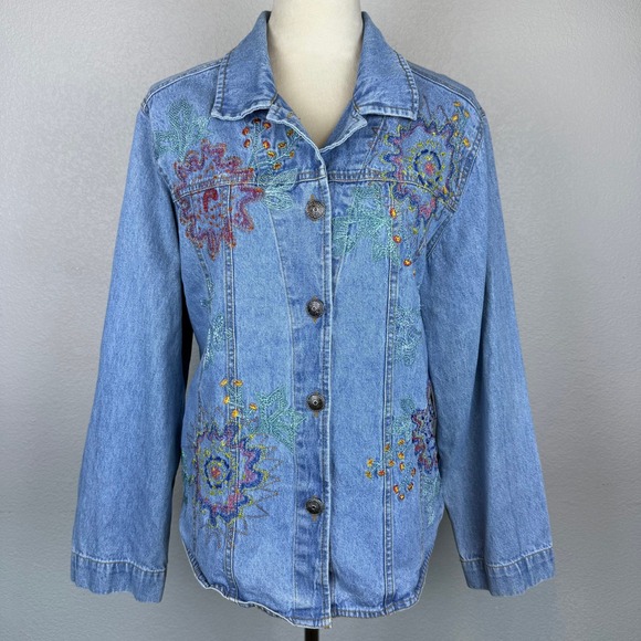 White Stag Jackets & Blazers - Vintage 90s White Stag Denim Beaded Jacket Embroidered Floral Button Up Large